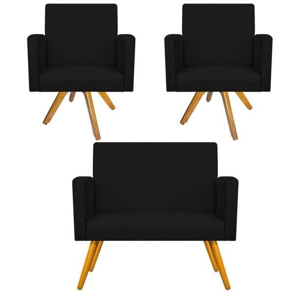 Kit Namoradeira e 02 Poltronas Beatriz Base Giratória de Madeira Suede Preto - STS Móveis - 1