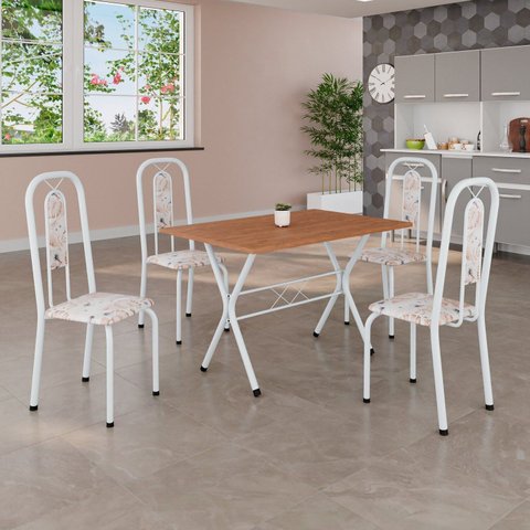 Conjunto de Mesa Tubular 100cm x 60cm Tampo em MDF com 4 Cadeiras Lívia Branco/Botanic Bege