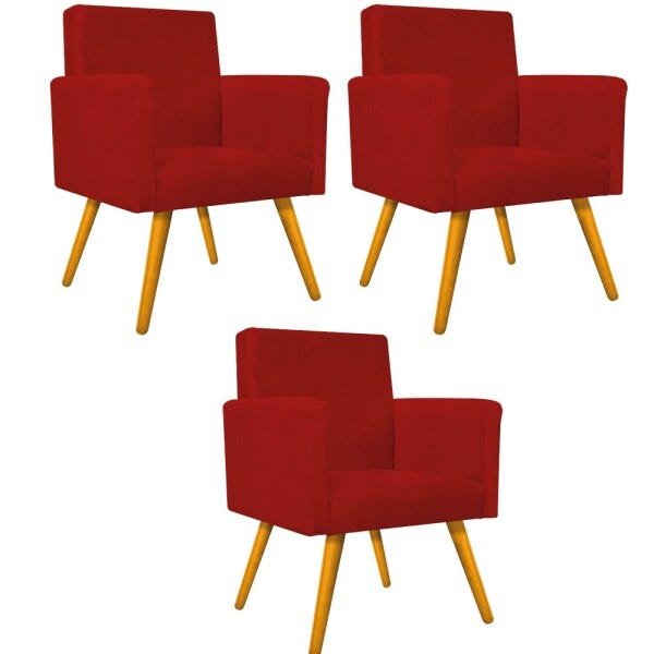 kit 03 Poltronas Beatriz Palito Mel Suede Vermelho - STS Móveis - 1