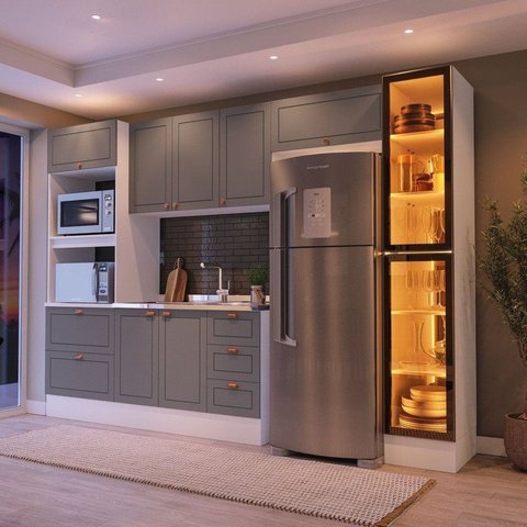 Cozinha Completa Modulada 5 Peças com Cristaleira Cinza Yescasa