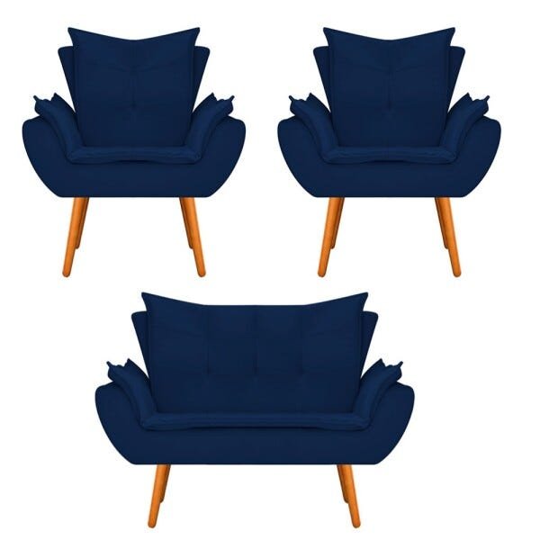 Kit Namoradeira e 02 Poltronas Apolo Palito Mel Suede Azul Marinho - STS Móveis - 1
