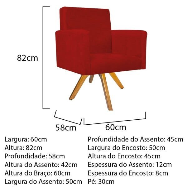 Kit 04 Poltronas Beatriz Base Giratória de Madeira Suede Vermelho - STS Móveis - 5