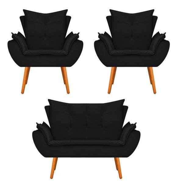 Kit Namoradeira e 02 Poltronas Apolo Palito Mel Suede Preto - STS Móveis - 1
