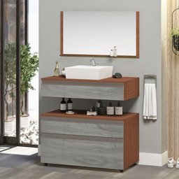 Gabinete Banheiro Superior e Inferior com Rodízios 3 Gavetas 60cm Safira - Cinza Rovere - Cinza - 1
