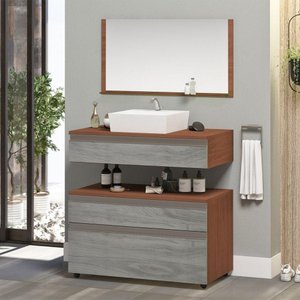 Gabinete Banheiro Superior e Inferior com Rodízios 3 Gavetas 60cm Safira - Cinza Rovere - Cinza