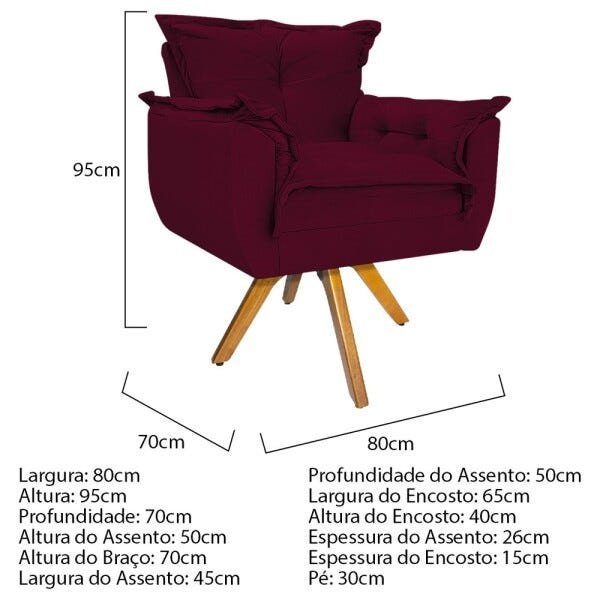 Kit Namoradeira, 02 Poltronas e Puff Opala Base Giratória de Madeira Suede Bordô - STS Móveis - 6