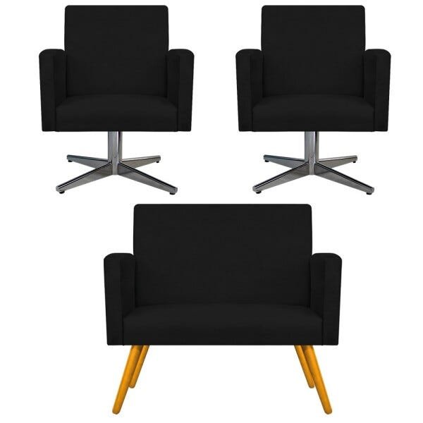 Kit Namoradeira e 02 Poltronas Beatriz Base Giratória de Metal Suede Preto - STS Móveis - 1