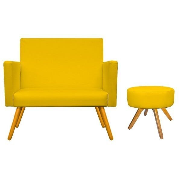 Kit Namoradeira Beatriz e Puff Sofia Base Giratória de Madeira Corano Amarelo - STS Móveis - 1