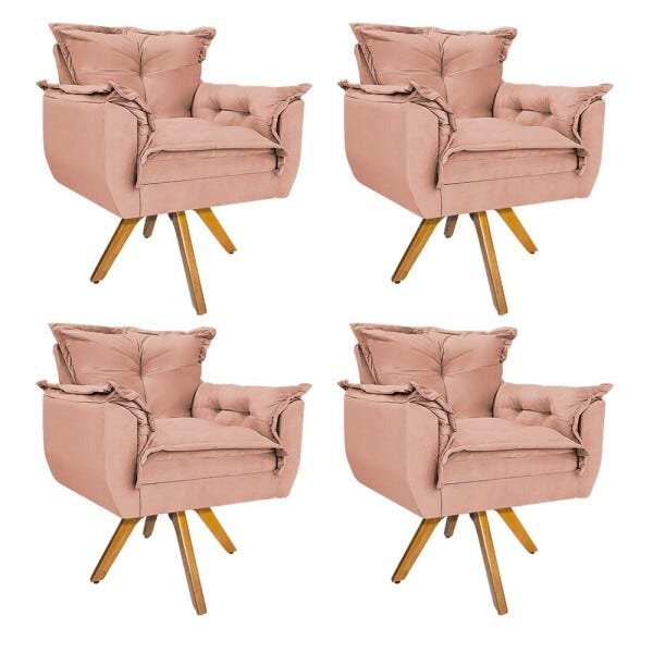 Kit 4 Poltronas Opala Base Giratória de Madeira Suede Rosê - Sts Móveis - 1