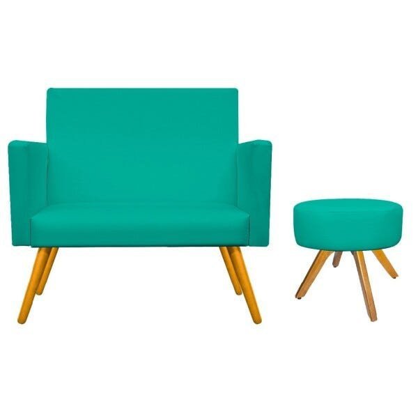 Kit Namoradeira Beatriz e Puff Sofia Base Giratória de Madeira Corano Azul Turquesa - STS Móveis - 1