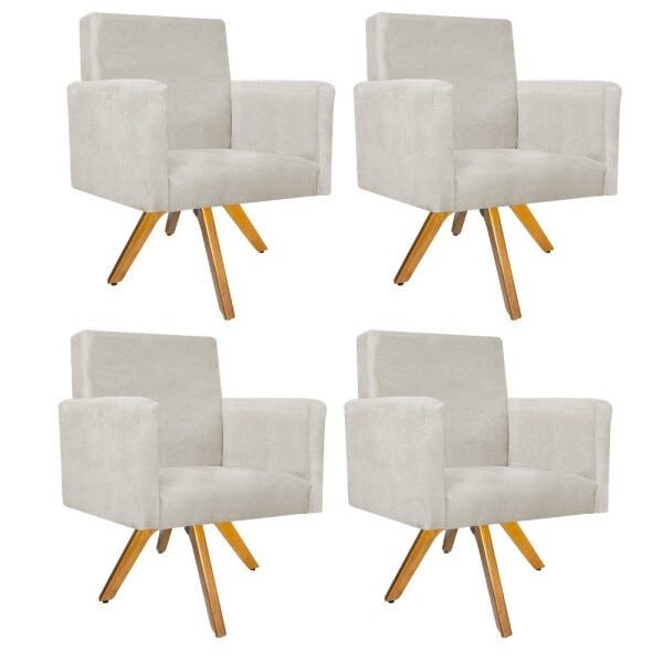 Kit 04 Poltronas Beatriz Base Giratória de Madeira Suede Bege - STS Móveis - 1