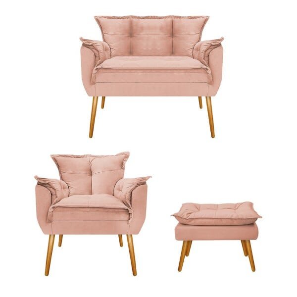 Kit Namoradeira, Poltrona e Puff Opala Palito Mel Suede Rosê - STS Móveis - 1