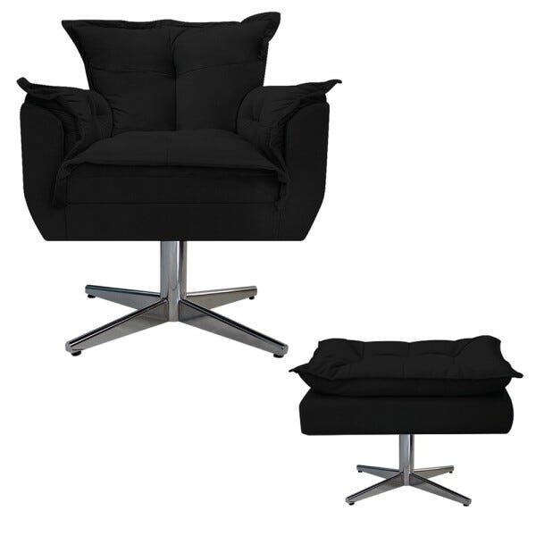 Poltrona com Puff Opala Base Giratória de Metal Suede Preto - Sts Móveis - 1