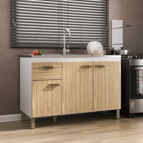 Balcão para Pia 120cm em MDF 15cm 3 Portas e Uma Gaveta Branco/Amêndoa