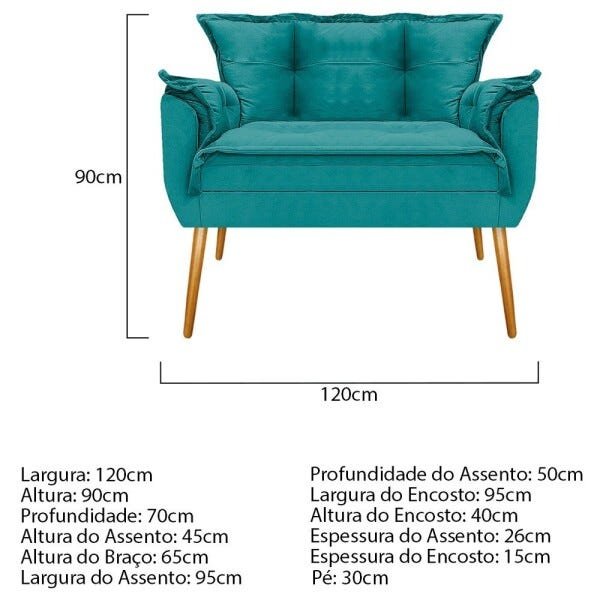 Kit Namoradeira e 02 Poltronas Opala Palito Mel Suede Azul Turquesa - STS Móveis - 5