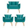 Kit Namoradeira e 02 Poltronas Opala Palito Mel Suede Azul Turquesa - STS Móveis - 1