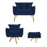Kit Namoradeira, Poltrona e Puff Opala Base Giratória de Madeira Suede Azul Marinho - STS Móveis - 1
