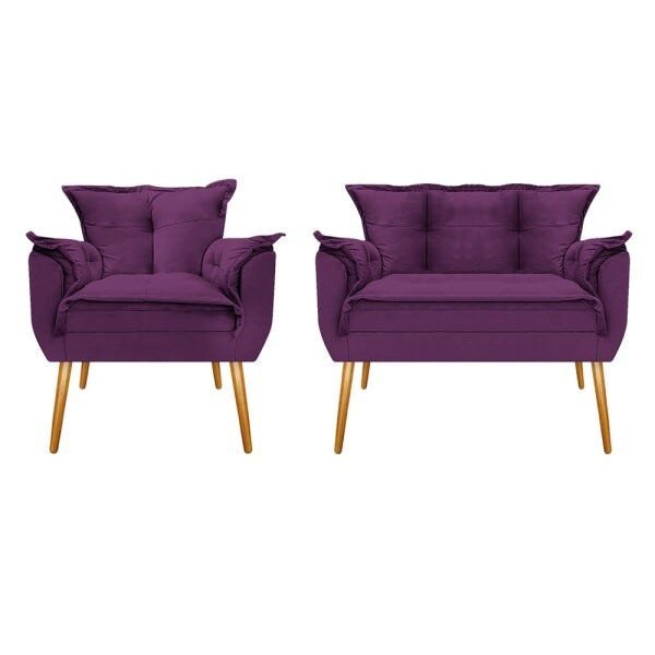 Kit Namoradeira e Poltrona Opala Palito Mel Suede Roxo - STS Móveis - 1