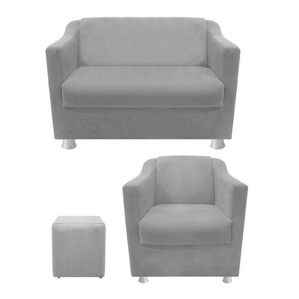 kit Poltrona, Namoradeira Tilla e Puff Dado Suede Cinza - STS Móveis - 1