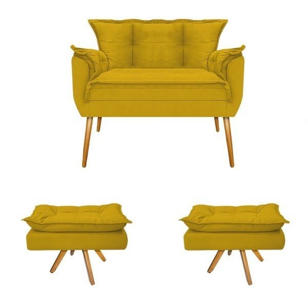 Kit Namoradeira e 2 Puff Opala Base Giratória de Madeira Suede Amarelo - Sts Móveis - 1