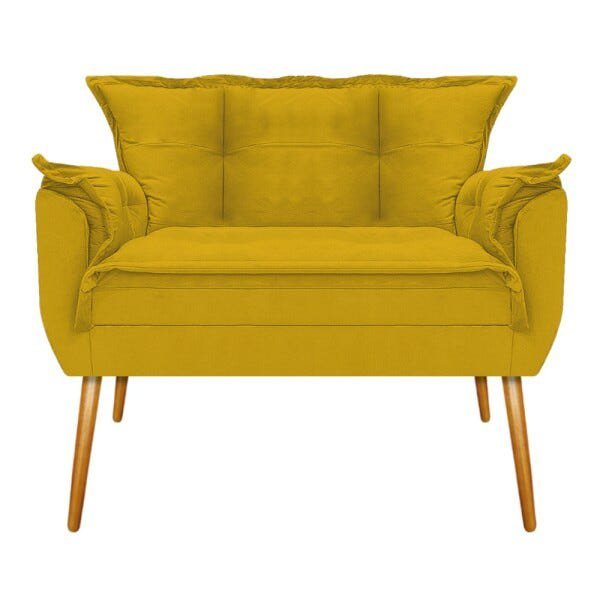 Kit Namoradeira e 2 Puff Opala Base Giratória de Madeira Suede Amarelo - Sts Móveis - 2