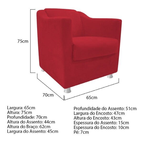 kit Poltrona, Namoradeira Tilla e Puff Dado Suede Vermelho - STS Móveis - 5