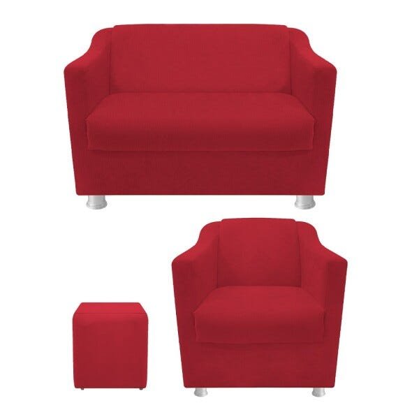 kit Poltrona, Namoradeira Tilla e Puff Dado Suede Vermelho - STS Móveis - 1