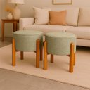 Ver imagem 1 de Kit 2 Puff Banqueta Redondo Zoe Linho Bege Decorativo Base de Madeira - Arkell
