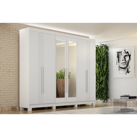 Armario Roupeiro Madri 6 Portas 2 Gavetas C/kit 4 Espelho Madri com Pes Chf Branco
