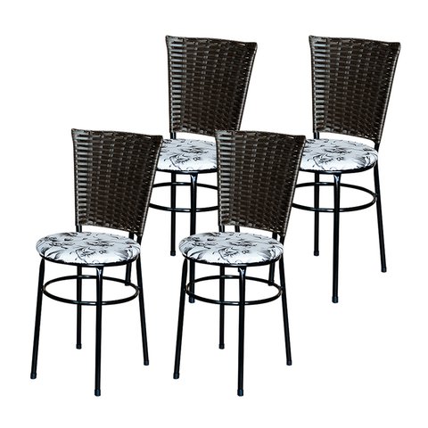 4 Cadeiras Preta para Mesa Hawai Marrom Assento Floral:floral Branco