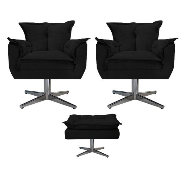 Kit 2 Poltronas e Puff Opala Base Giratória de Metal Suede Preto - Sts Móveis - 1