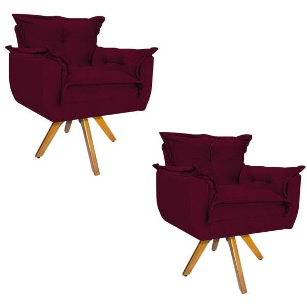 Kit 2 Poltronas Opala Base Giratória de Madeira Suede Bordô - Sts Móveis - 1