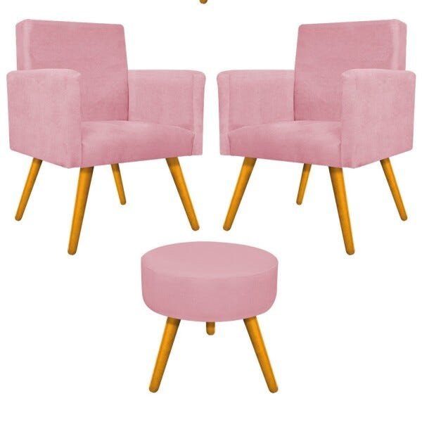 Kit 2 Poltronas Beatriz e Puff Sofia Palito Mel Suede Rosa Bebê - 1