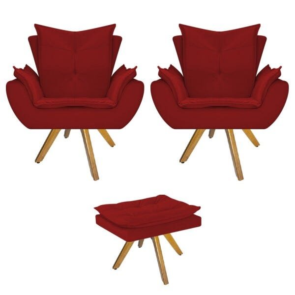 Kit 2 Poltronas e Puff Apolo Base Giratória de Madeira Suede Vermelho - 1
