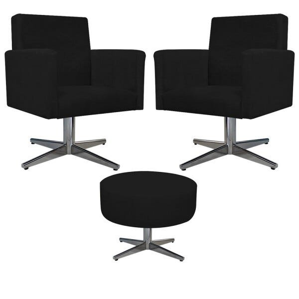 Kit 2 Poltronas Beatriz e Puff Sofia Base Giratória de Metal Suede Preto - 1