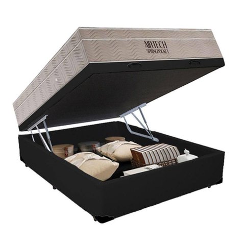 Cama Box Baú Preto + Colchão Casal Molas Ensacadas Airtech Springpocket 25x138x188 - Ortobom