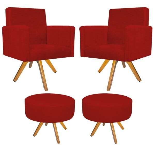 Kit 2 Poltronas Beatriz e 2 Puff Sofia Base Giratória de Madeira Suede Vermelho - 1