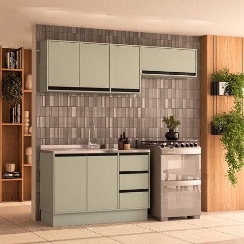 Cozinha Koya 3 Peças 200x214cm Armários Aéreos Balcão 2 Portas com Rodapé Verde 250033
