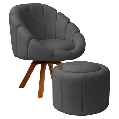 Kit Poltrona Decorativa Orgânica Flora Base Giratória com Puff Bouclê - Sofa Store:bouclê Cinza Graf