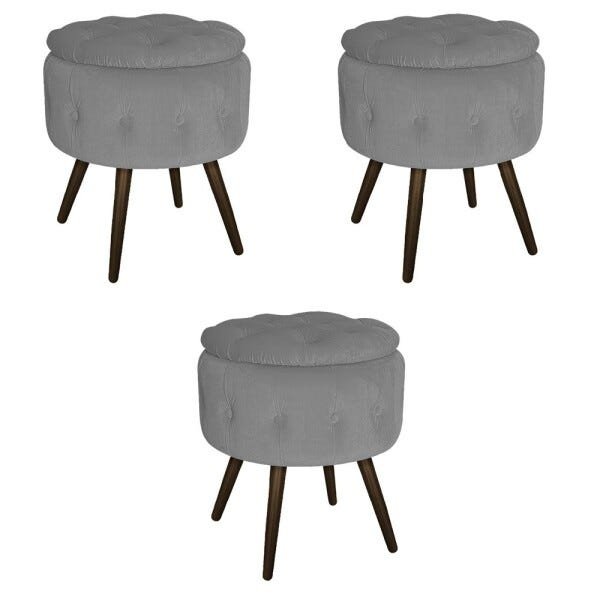 Kit 3 Puffs Londres Baú Palito Tabaco Suede Cinza - Sts Móveis - 1
