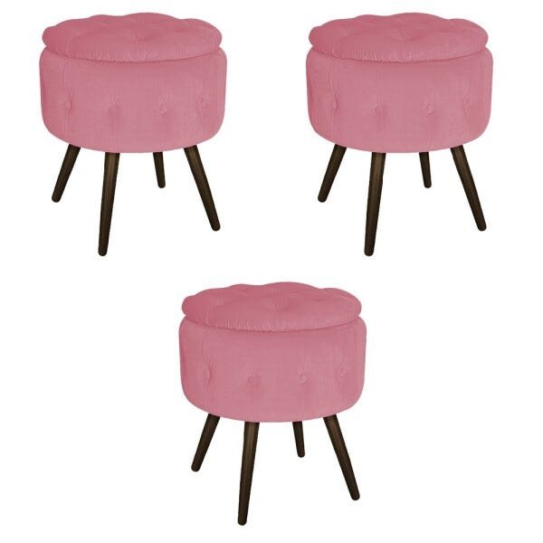 Kit 3 Puffs Londres Baú Palito Tabaco Suede Rosa Bebê - Sts Móveis - 1