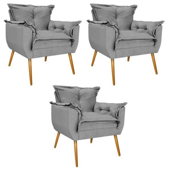 Kit 3 Poltronas Opala Palito Mel Suede Cinza - Sts Móveis - 1