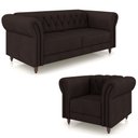 Ver imagem 2 de Conjunto Sala de Estar 1 Sofá Living 180cm e 1 Poltrona Stanford Chesterfield Pés Madeira Couro Marr