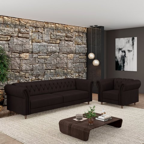 Conjunto Sala de Estar 1 Sofá Living 180cm e 1 Poltrona Stanford Chesterfield Pés Madeira Couro Marr