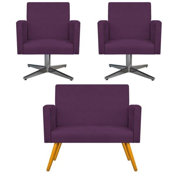 Kit Namoradeira e 02 Poltronas Beatriz Base Giratória de Metal Suede Roxo - STS Móveis - 1