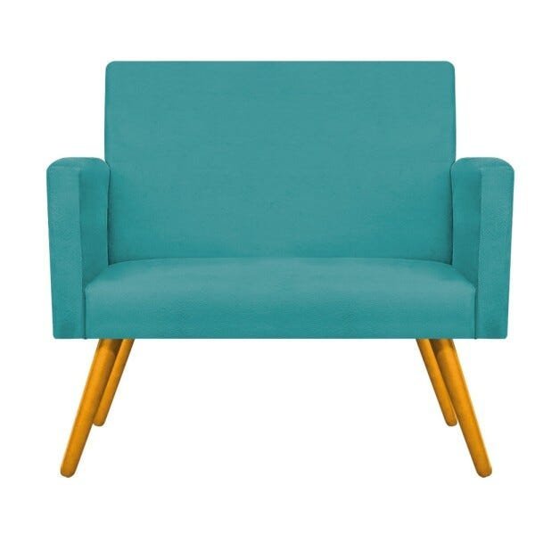 Kit Namoradeira, 02 Poltronas Beatriz e Puff Sofia Base Giratória de Madeira Suede Azul Turquesa - 3