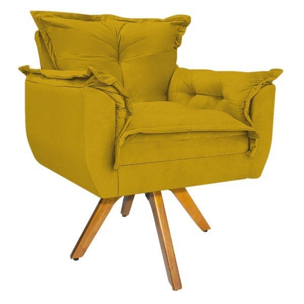 Kit Namoradeira, 02 Poltronas e Puff Opala Base Giratória Madeira Suede Amarelo - STS Móveis - 3