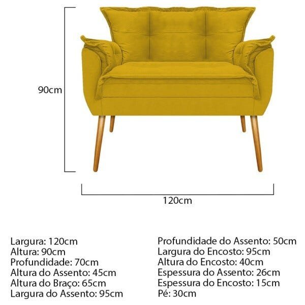Kit Namoradeira, 02 Poltronas e Puff Opala Base Giratória Madeira Suede Amarelo - STS Móveis - 5