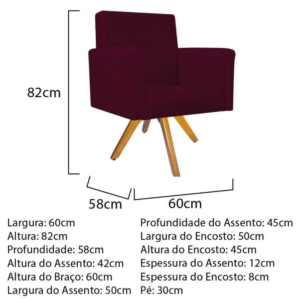 Kit 04 Poltronas Beatriz Base Giratória de Madeira Suede Bordô - STS Móveis - 5