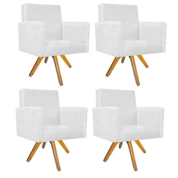 Kit 04 Poltronas Beatriz Base Giratória de Madeira Suede Branco - STS Móveis - 1